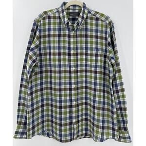 Vince Mens Linen Plaid Shirt Button Down Green Blue Long Sleeve Shirt Large